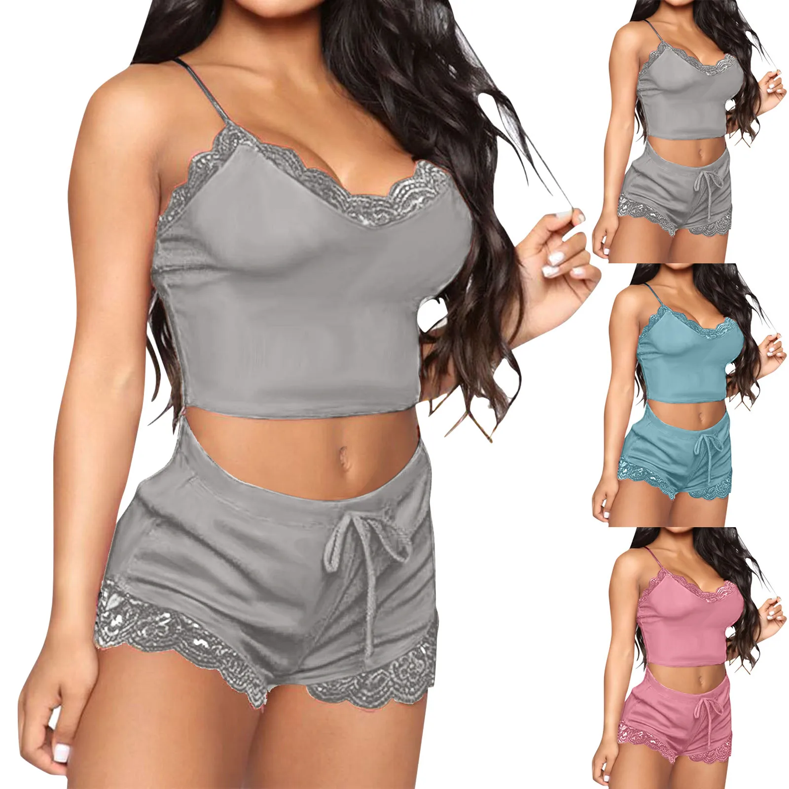 Women Casual Sexy Solid Color Lace Decoration Comfortable Camisole Shorts Home Pajamas Set 2024 Casual Homewear Hot Sale