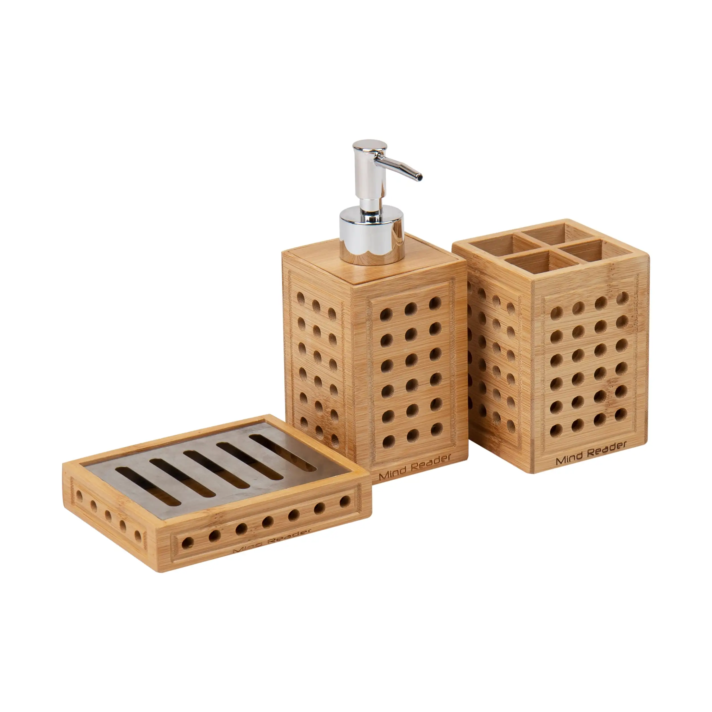 

Mind Reader Lattice Collection, Soap Dish, Soap Dispenser, and Toothbrush Holder Set,v Brown