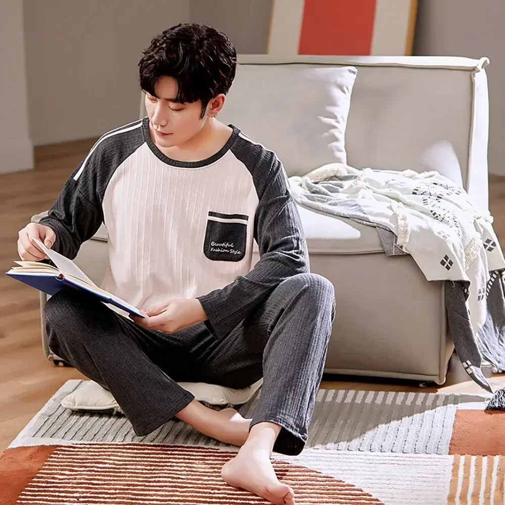 حجم كبير فضفاض المرقعة القطن طباعة مجموعات طويلة الذكور السراويل رسالة السببية منامة بيجامة صالة الرجال كم مجموعة