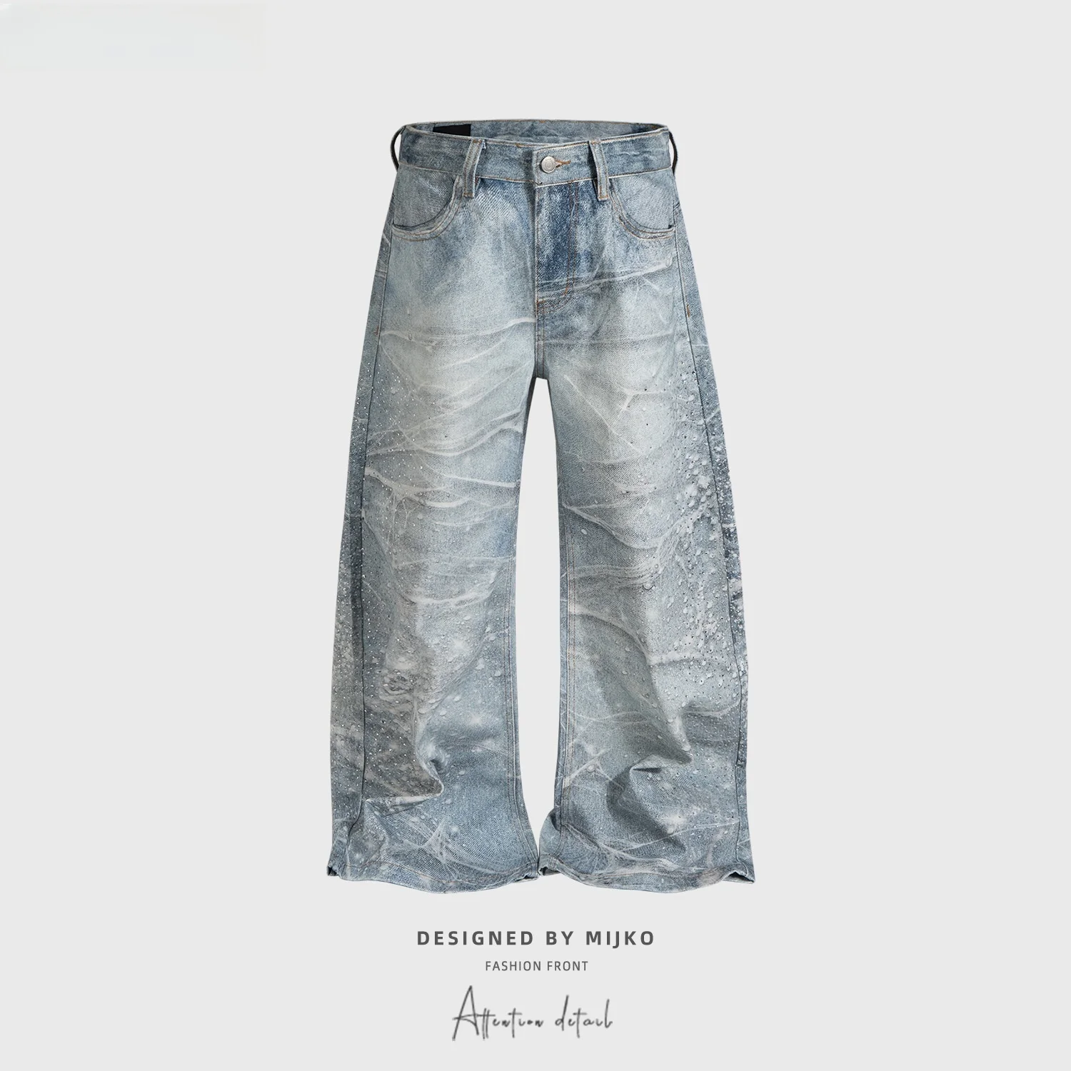 Retro 3D Printing Rhinestone Washed  Jeans Men's Wide Leg Bootcut Denim Pants American Style Loose Fit Cotton Stretch