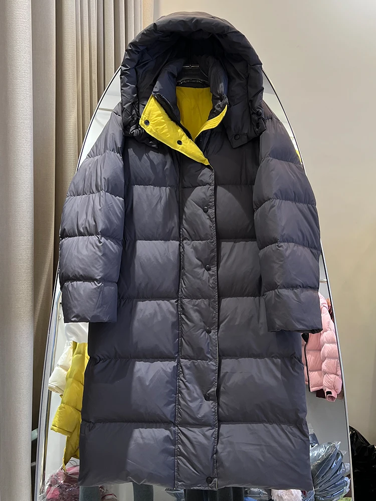 

Winter new long cross knee contrasting color hooded down jacket women loose and thick warm white duck down jacket