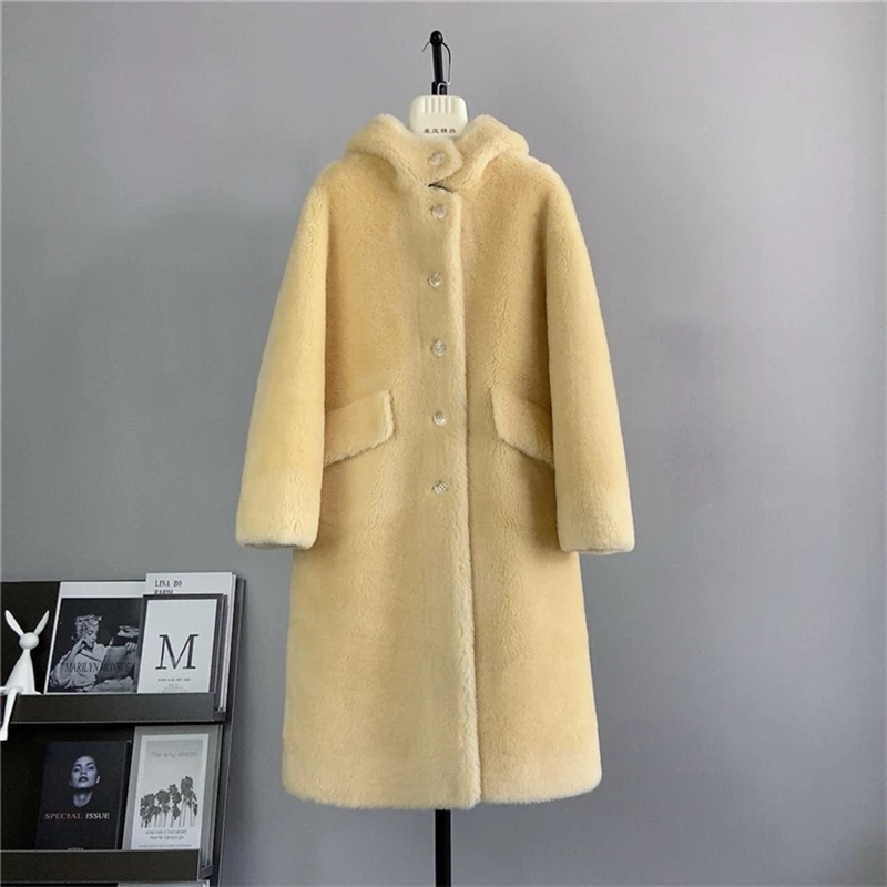 Casaco feminino de lã shearling ovelha, casaco longo com capuz, casaco quente, cabelo de cordeiro, PT431, outono e inverno, 2023