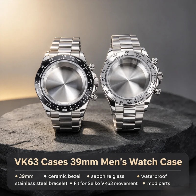 vk63-39mm-men's-watch-case-ceramic-bezel-sapphire-glass-daytona-stainless-steel-bracelet-seiko-sea-dweller-movement-mod-parts
