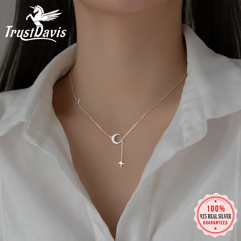 

TrustDavis Real 925 Sterling Silver Clavicle Necklace For Women Star Moon Mother's Day Party Fine Necklace Jewelry Gift DA3124