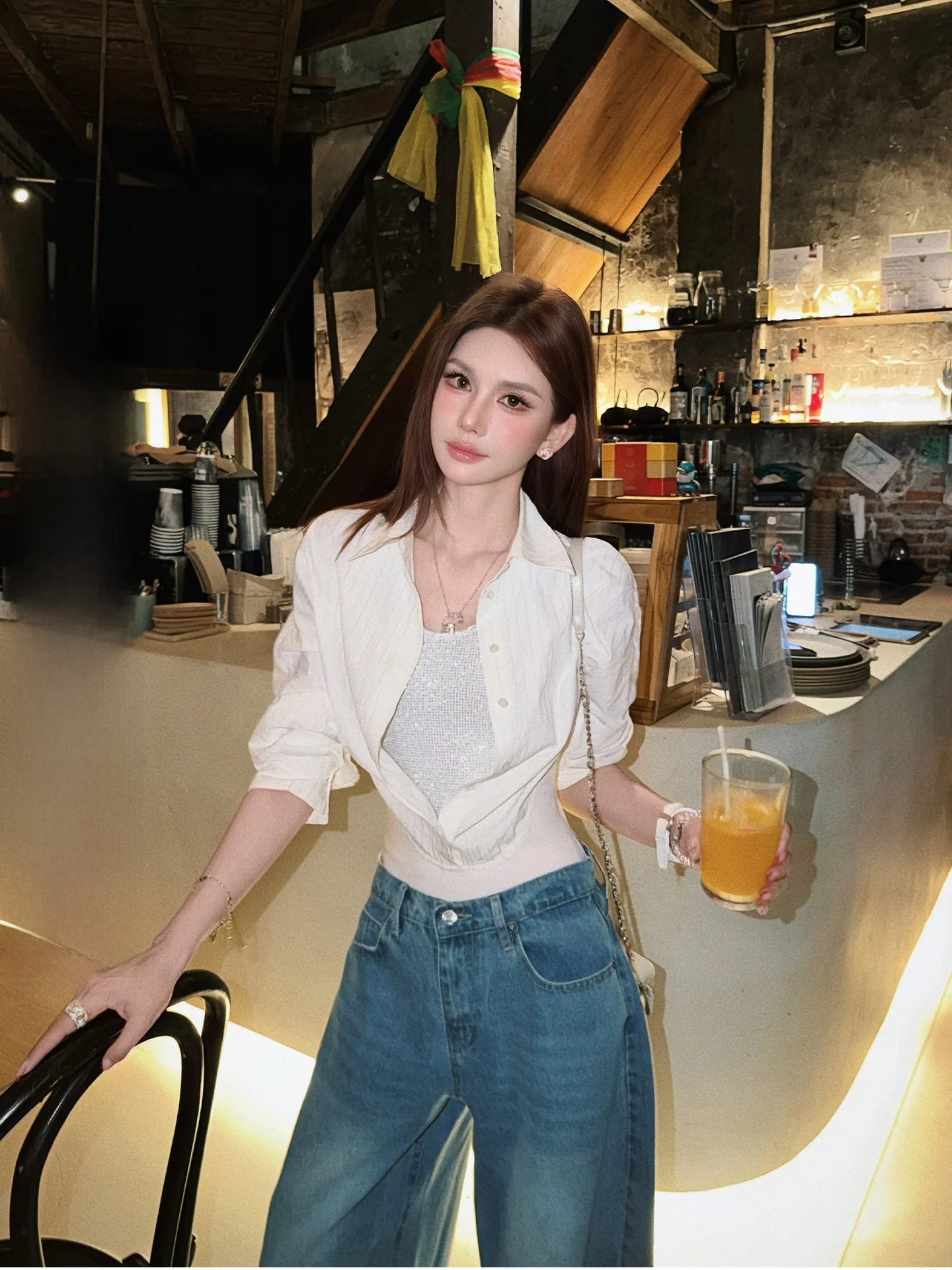 

Рубашка свободного кроя в стиле кимоно Lilian, женская повседневная блузка на раннюю весну с поясом и отделкой из страз, корейская мода