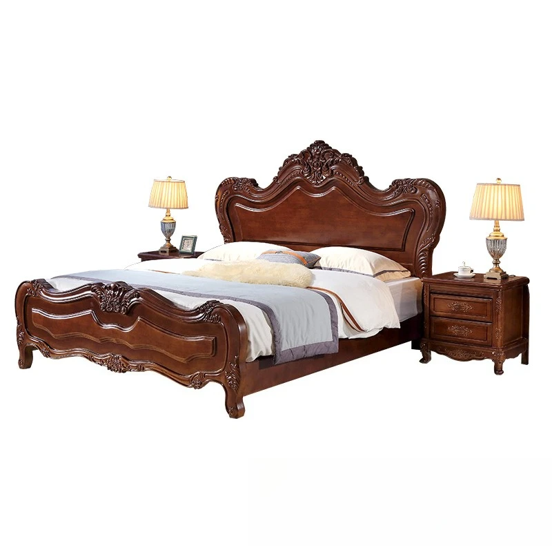 

European solid wood carving flower bed, high-end luxury French bed, double master bedroom leather