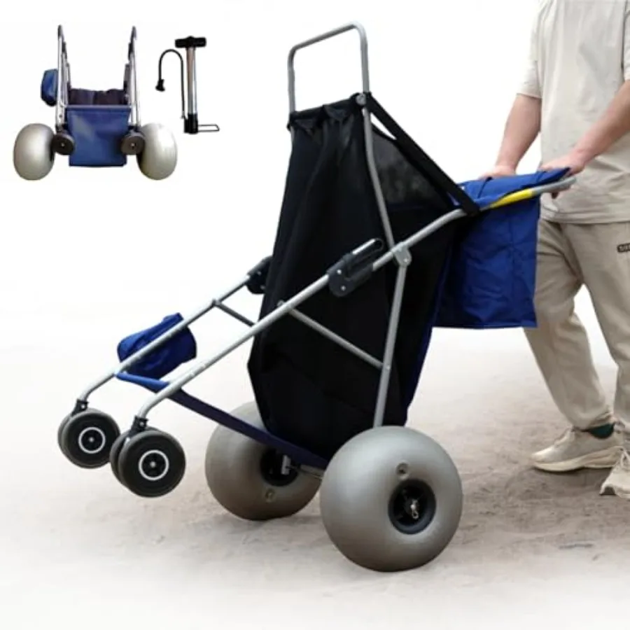 Beach cart for sand use, aluminum frame, black color, 13'' balloon wheels with upright stroller design and included pump