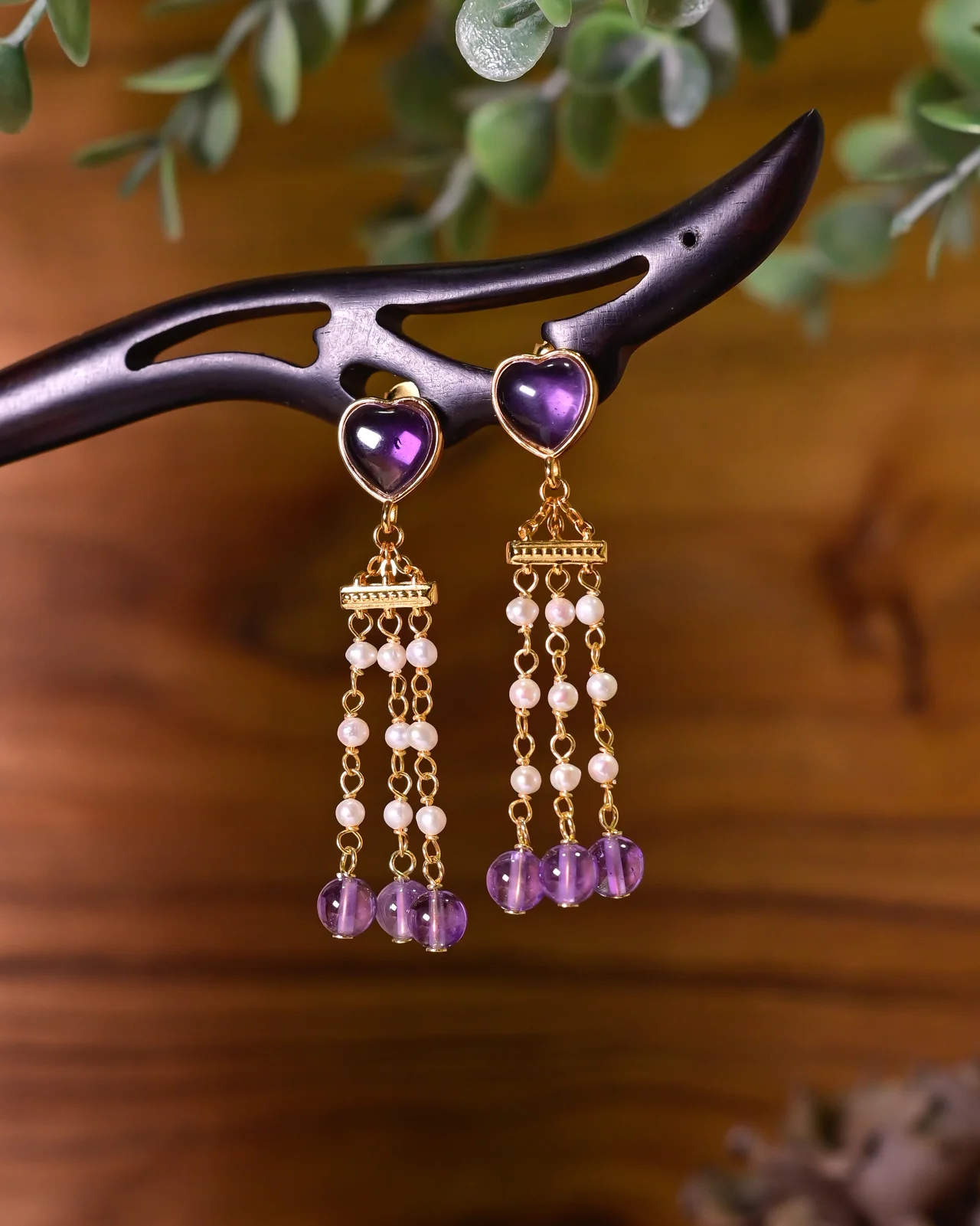 

Heart Stud S925 Sterling Silver Natural Amethyst Freshwater Pearl Earrings - Purple Fringe Original Design Ear Jewelry