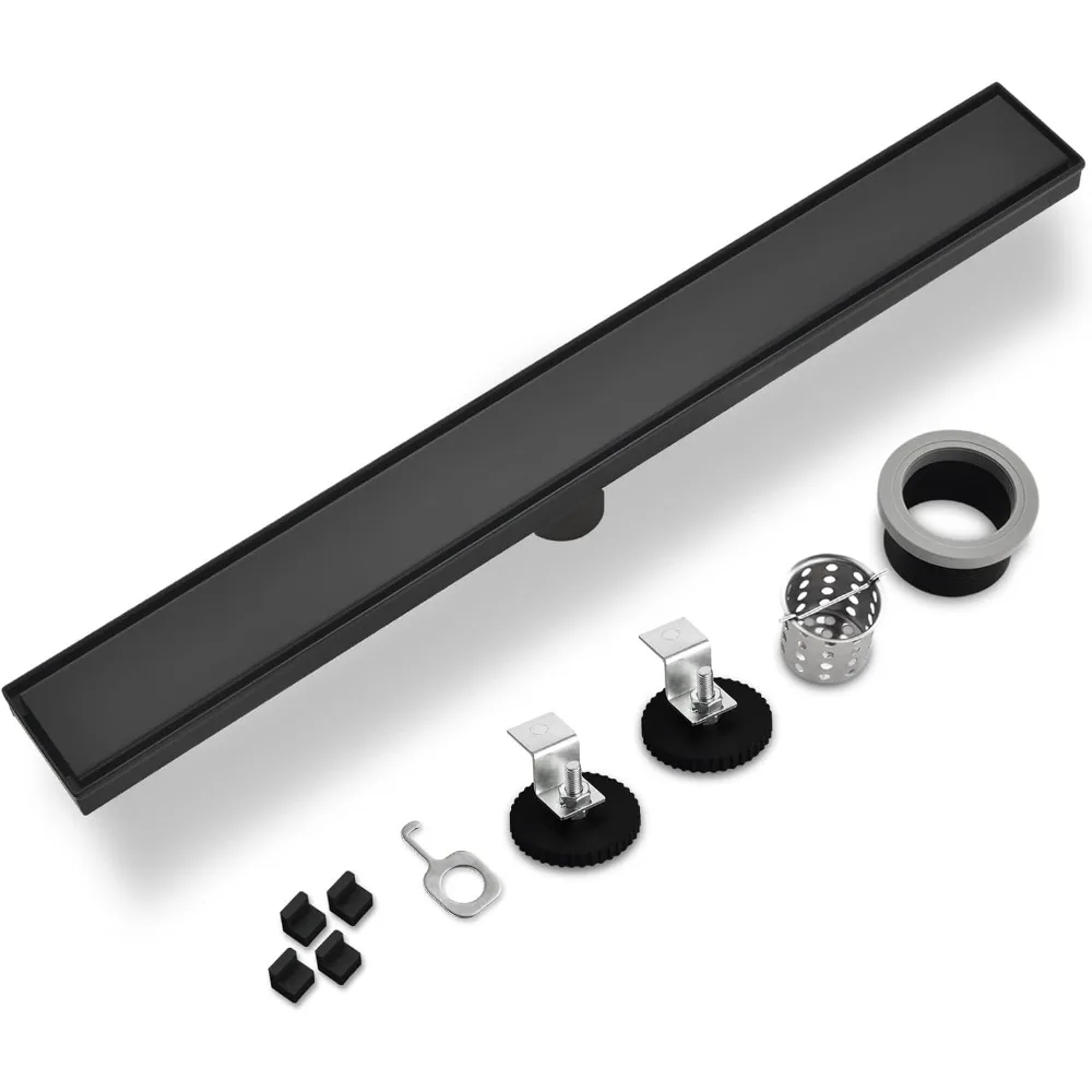 استنزاف دش مستطيل من الفولاذ المقاوم للصدأ 304 باللون الأسود مقاس 32 بوصة مع لوحات إدخال البلاط وصائد الشعر للتصميم الخطي