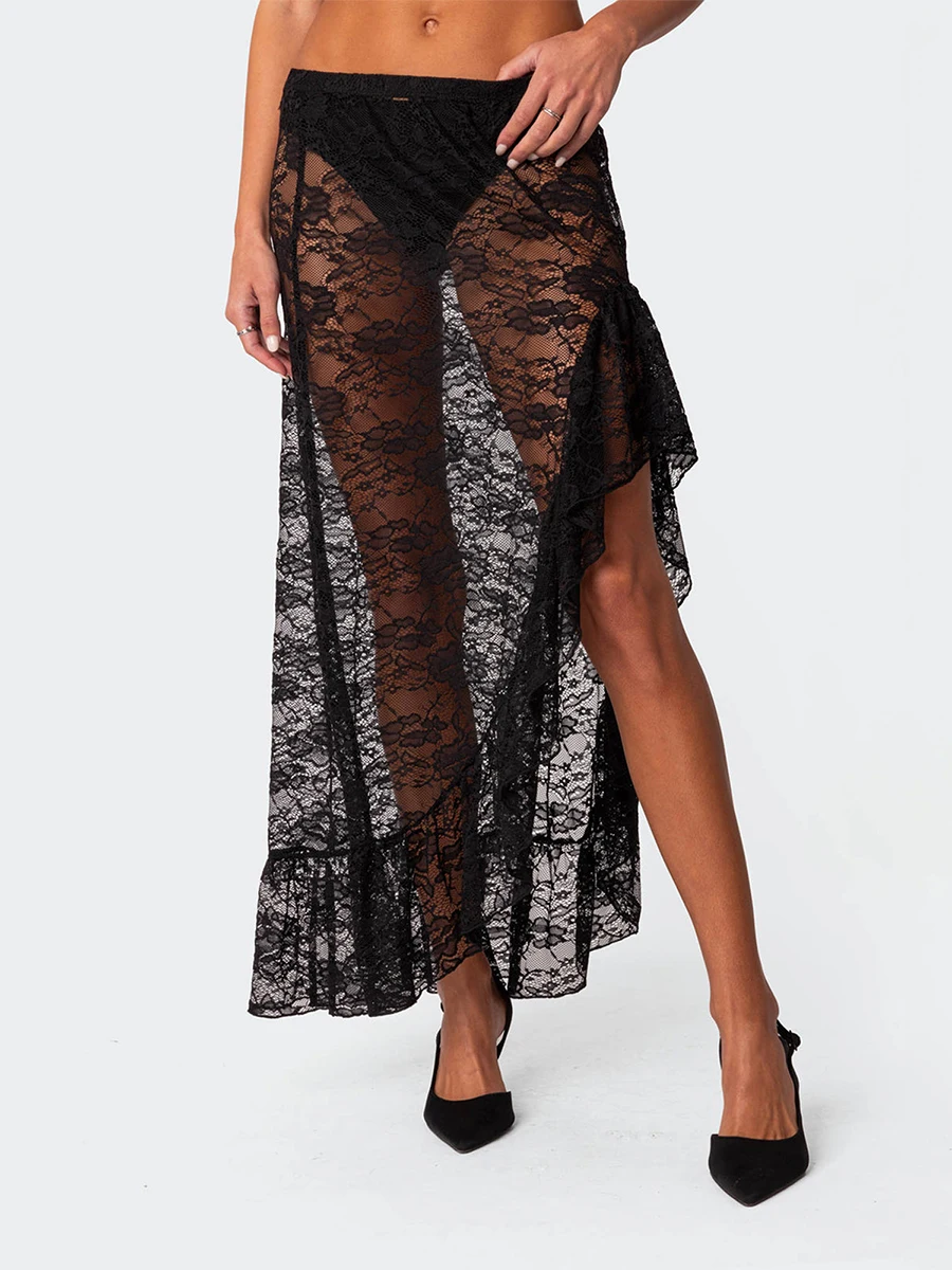 

Women s Lace See Through Long Skirts Vintage High Waist Solid Color Asymmetrical Hem Ruffle Flowy Swing Midi Skirts