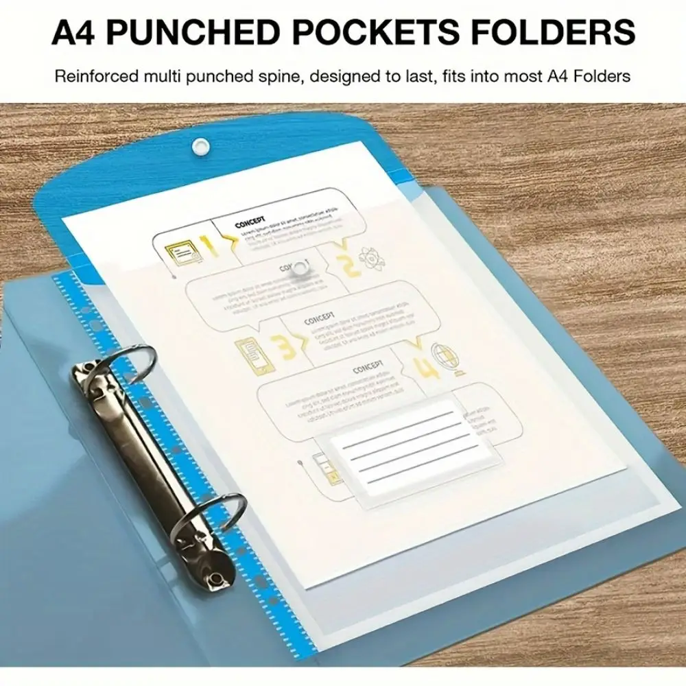 A4 Waterproof Binder Pocket for 2/3/4 Ring Binder Heavy Duty Plastic Envelope File Folders with Snap Button and Label Pocket