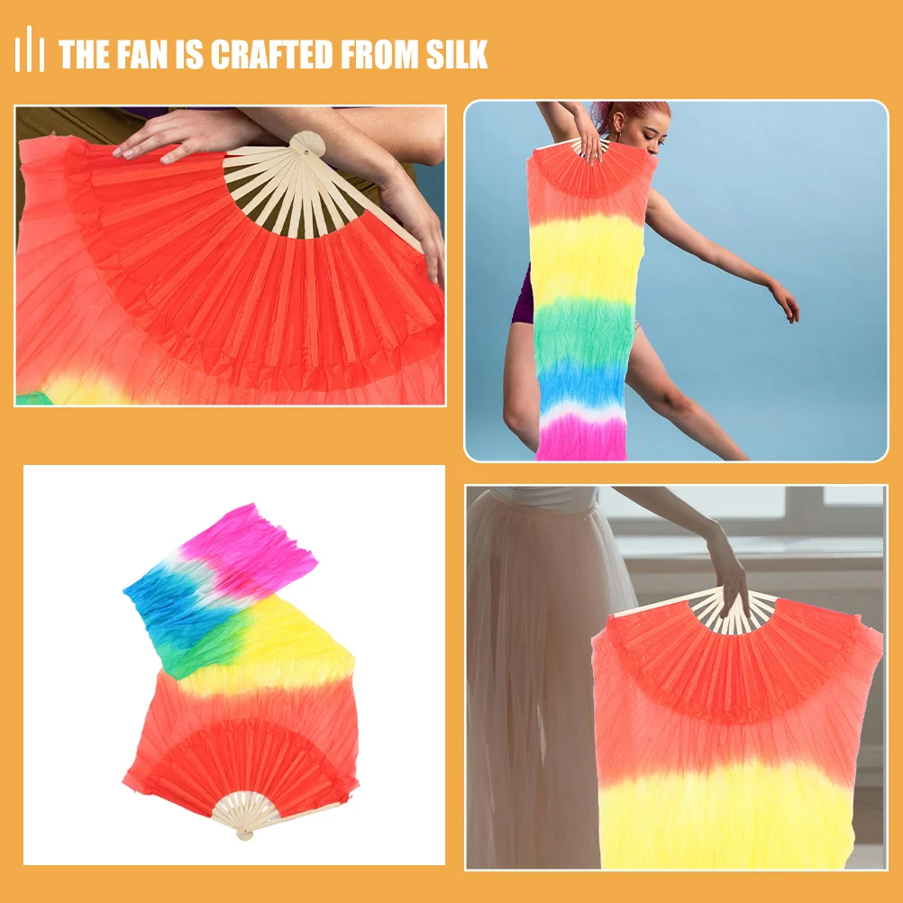 Colorful Gradient Long Silk Dance Fan for Smooth Flow Belly Dancing Prop Foldable Lightweight Fan for Outdoor Indoor