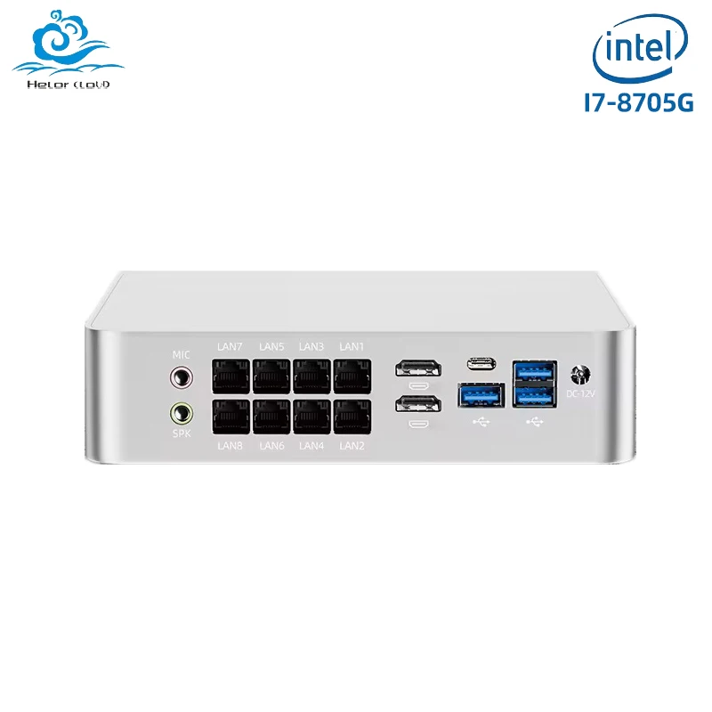 Helorpc 산업용 미니 PC(I7-8705G 지원 포함) Linux Pfsense 데스크탑 컴퓨터(8xI226V LAN, 2xHDMI2.0, 3xUSB3.0, 1xTYPE-C 포함)