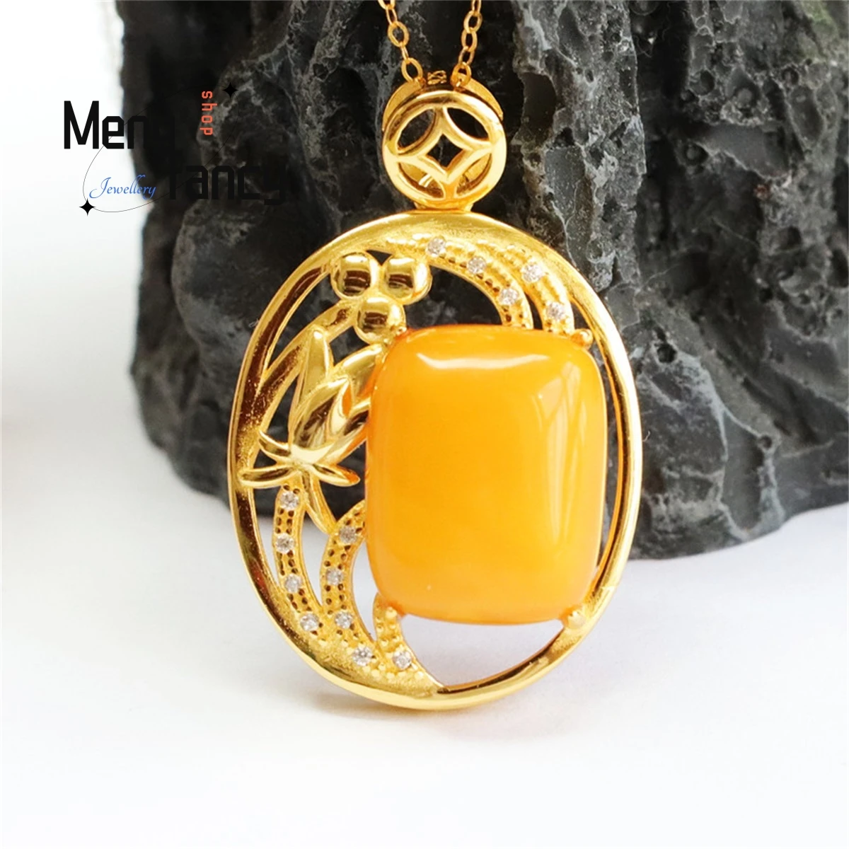 Natural S925 Silver Inlaid Wax Full of Honey Chicken Oil Yellow Amber Fruit Necklace Simple Generous Personality Fashion Jewelry