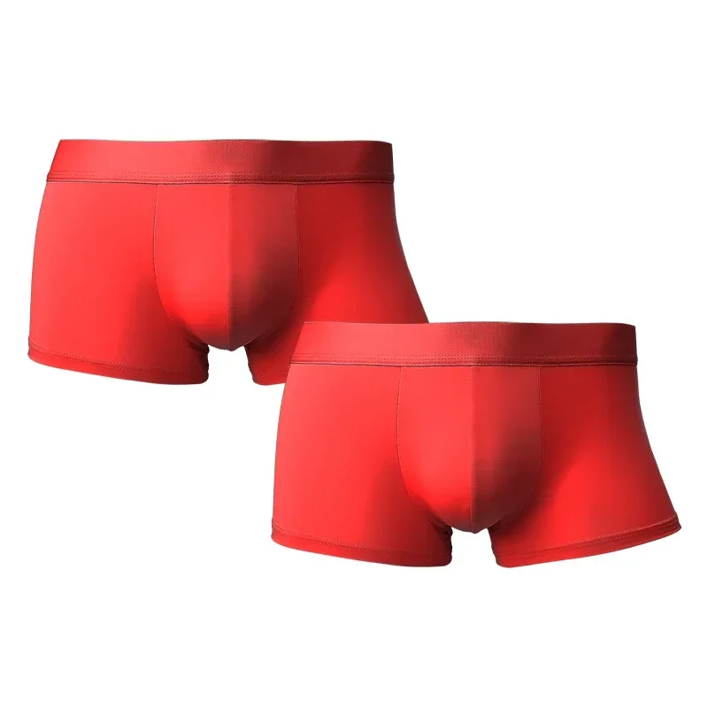 2PCS Men's zodiac year red underpants, men's ice silk cool thin flat-leg pants, bright red wedding four-corner pants