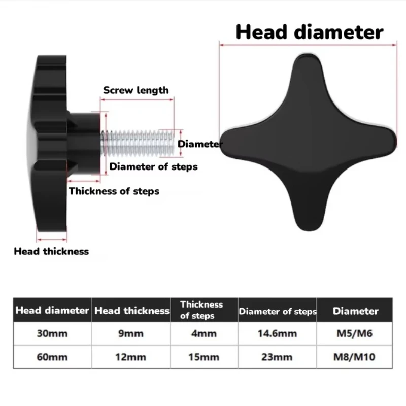 Carbon Steel Hand Knob Screws Bolt M5 M6 M8 M10 Plastic Four Stars Shape Head Thread Clamping Thumb Handle Machine Screw Bolts
