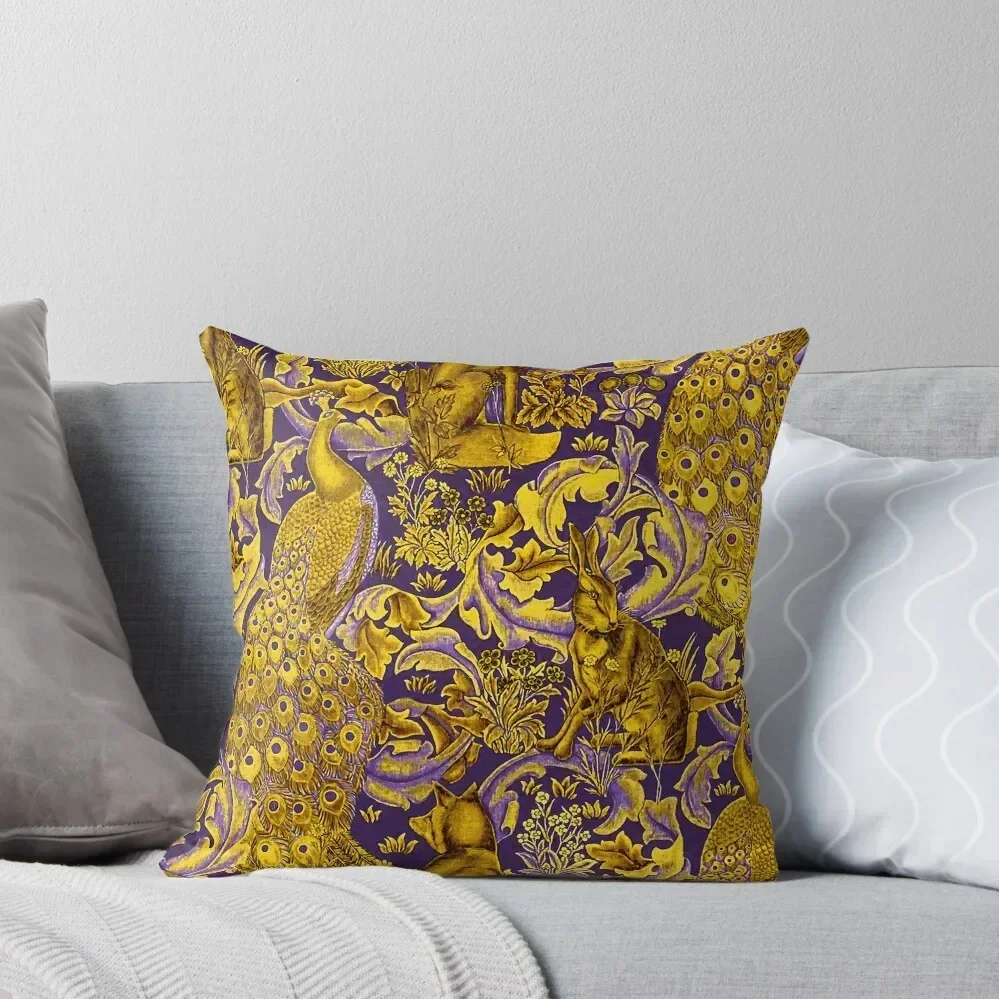 

FOREST ANIMALS ,PEACOCKS, FOX AND HARE GOLD YELLOW PURPLE LEAVES FLORAL PATTERN Throw Pillow Sofa Cushions pillow