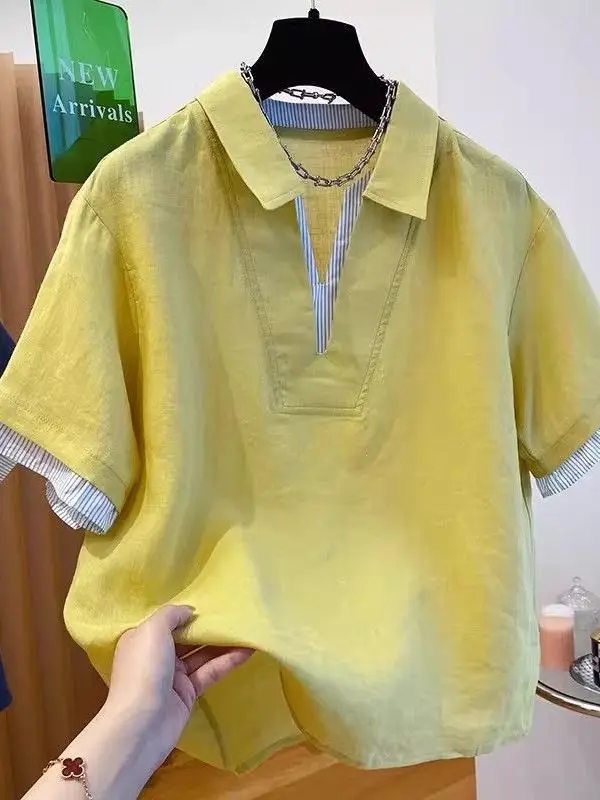 

plus Size Women's Shirt 300 Pounds Patchwork Fake Two-Piece Turn-down Collar Short Sleeve Loose Fashion Summer Slimming Top