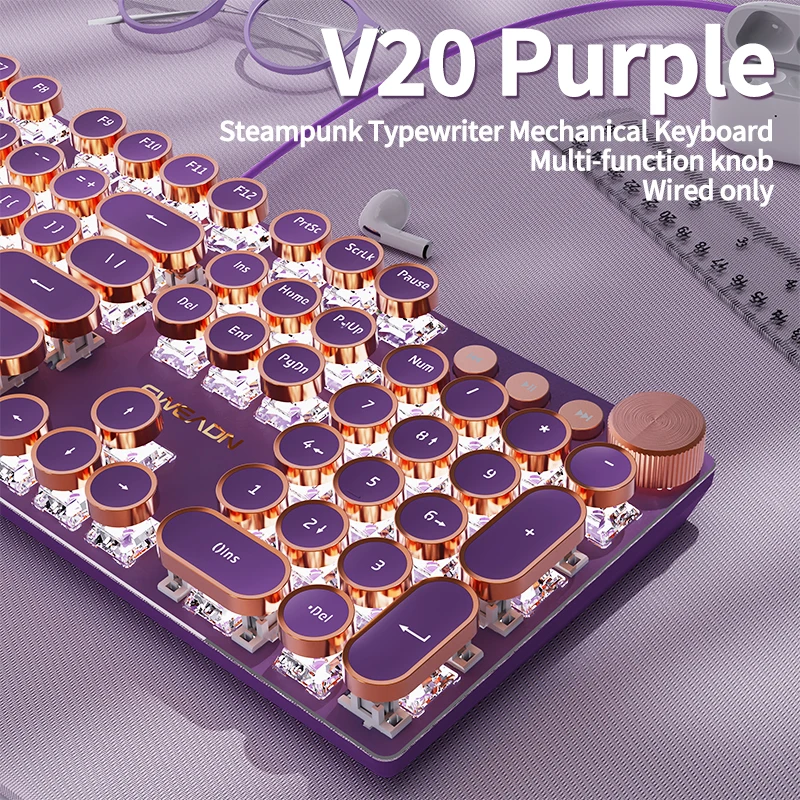 لوحة مفاتيح ميكانيكية سلكية من EWEADN، طراز الآلة الكاتبة البيضاء القديمة، بالحجم الكامل، بإضاءة خلفية LED، تحكم في المقبض، مريحة للمكتب