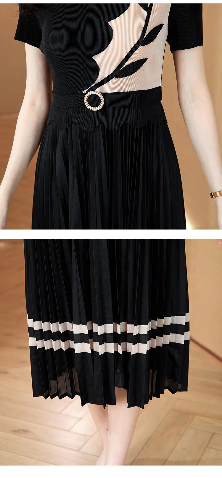 2024 Summer New Silk Printed Folded Dress Women\'s O-neck Short Sleeve Elastic Magic Knee length A-line Long Dress