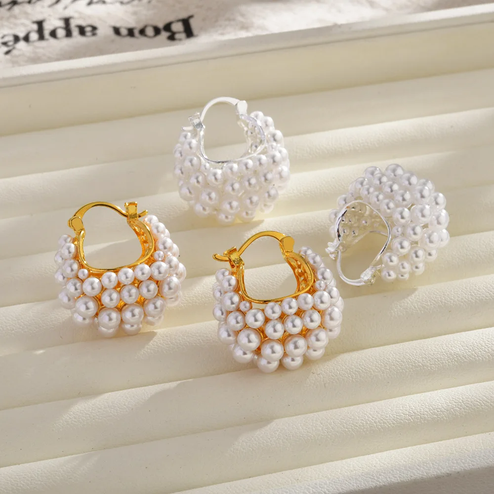

2025 New Design French Rice Pearl Pearl embellished Metal Flower Basket Earrings for Women's Fashion Jewelry Ear Accessories
