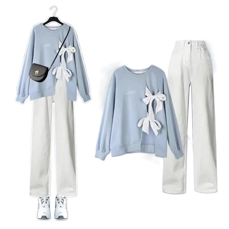 Bow Tie Long Sleeved T-shirt Casual Wide Leg Pants Two-piece Elegant Women\'s Pants Set Summer Outfits Tracksuit Clothing