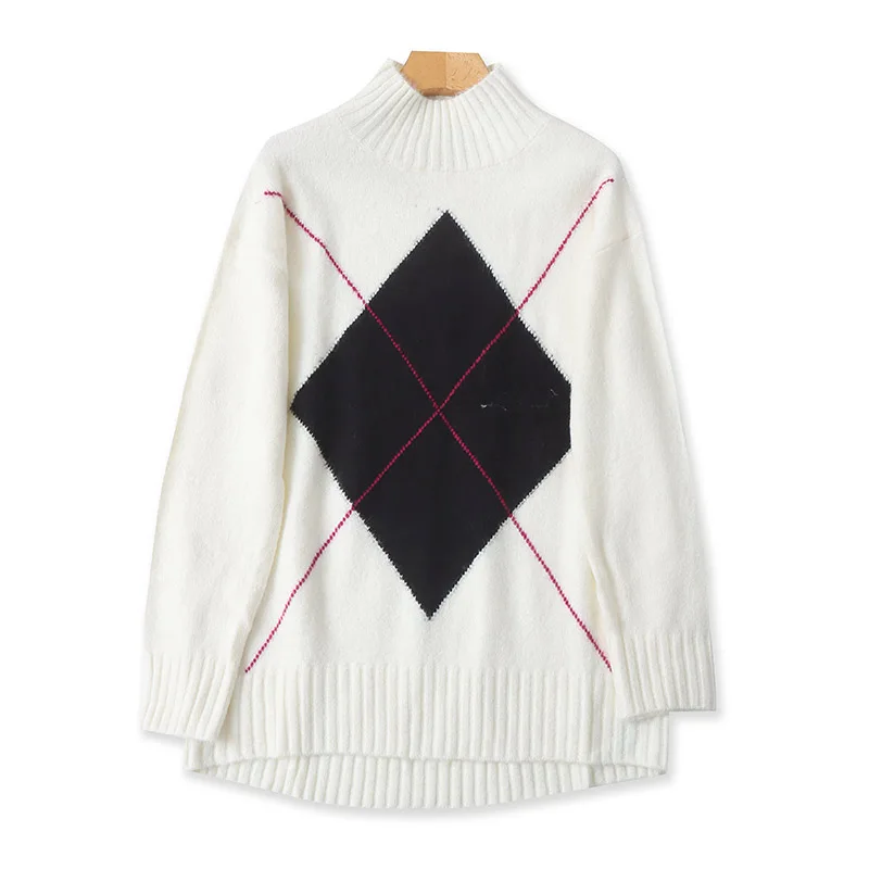 

Thi f-High Collar Diamond Knit Sweater Autumn Winter Sle Long Sve Women's Loose Fit Warm Top Casual Faion