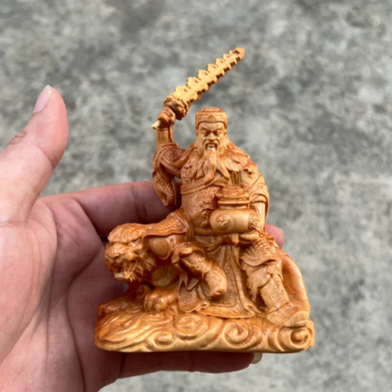 Cliff Cypress Wood Carving Five Road God of Wealth Zhao Gongming Deity Statue, Home Car Decoration for Attracting Wealth