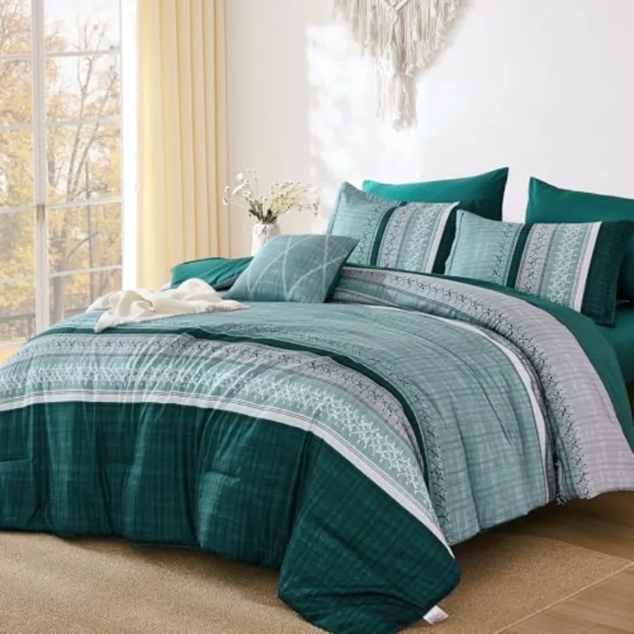 

Teal King Comforter Size Set, 8 Pieces Striped Texture Bed in a Bag Bedding Sets, Lightweight Soft Comforter and Sheet Set, All