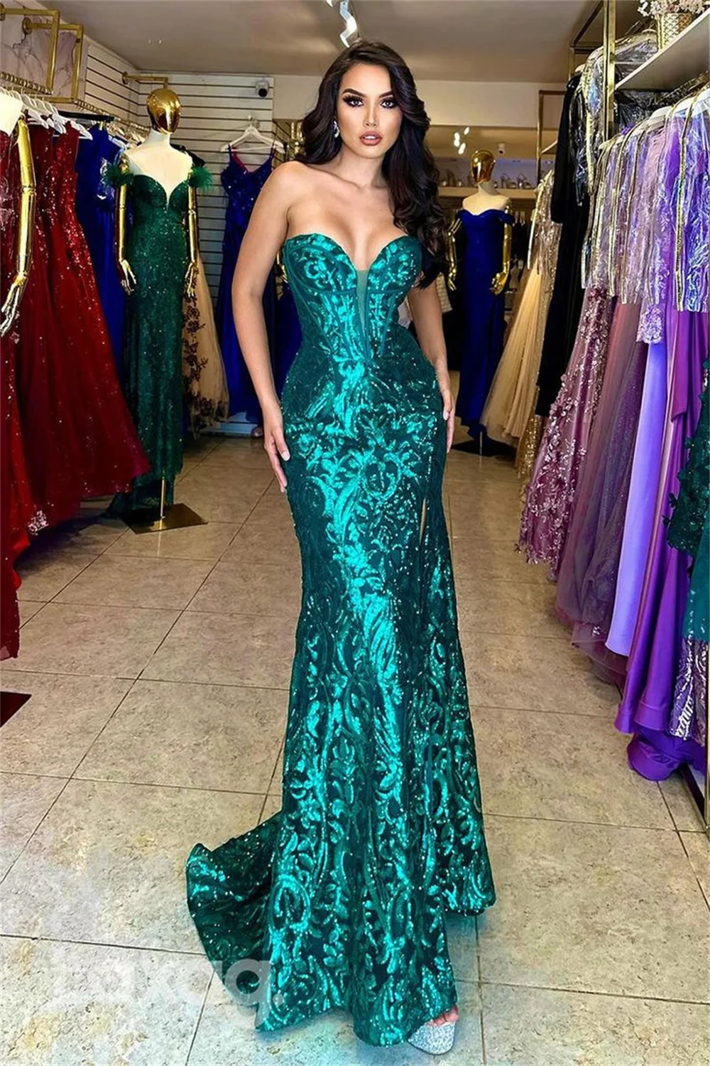 Amanda Green Glitter Prom Gown Strapless Mermaid Side Split Evening Formal Elegant Sleeveless Ankle-Length Party Dresses 2024