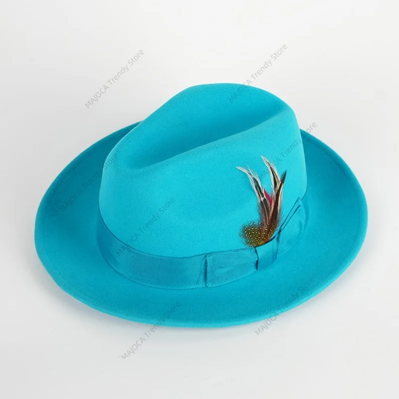 

Шляпа Fedora из 100% шерсти для мужчин и женщин, элегантная сине-белая шляпа цвета морской волны с отделкой из перьев в британском стиле