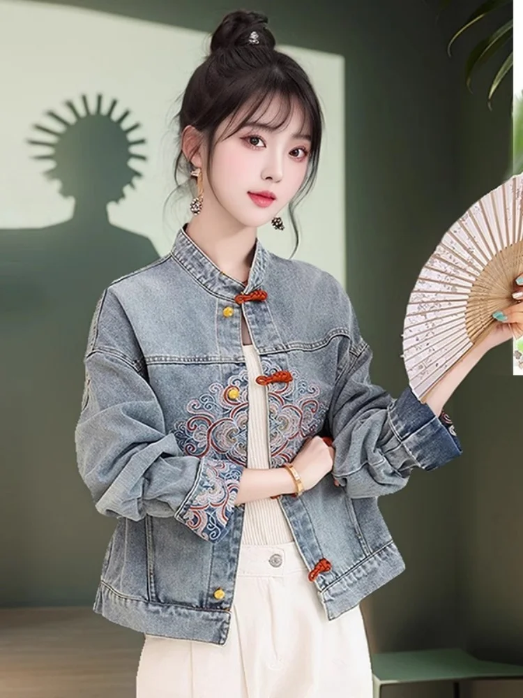 جديد الصينية Sle المطرزة الدنيم Jaet المرأة ربيع الخريف أعلى أزرار كيتس مستقيم قطع ort معطف لا