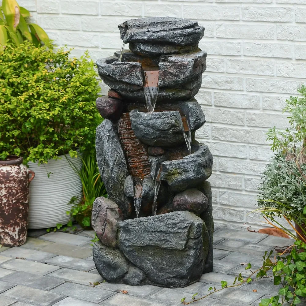 

The 5-Tiered Rock Water Fountain Outdoor&Indoor, 31.5’’H Floor-Standing Garden Fountains, Stone Feature and Waterfall with Light