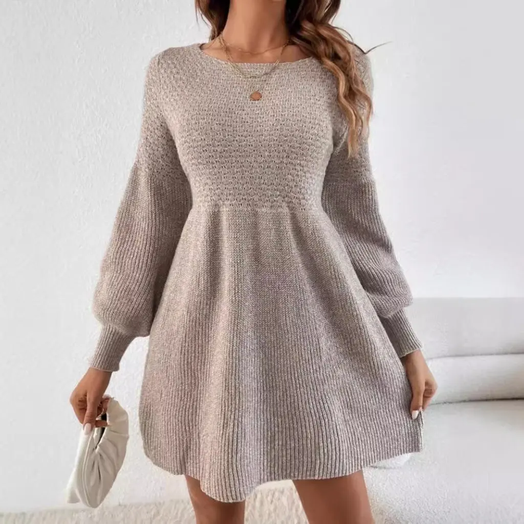 

Women's High-Waisted A-Line Knitted Sweater Dress Pure Color Lantern Sleeve round Neck Autumn Winter Casual Style