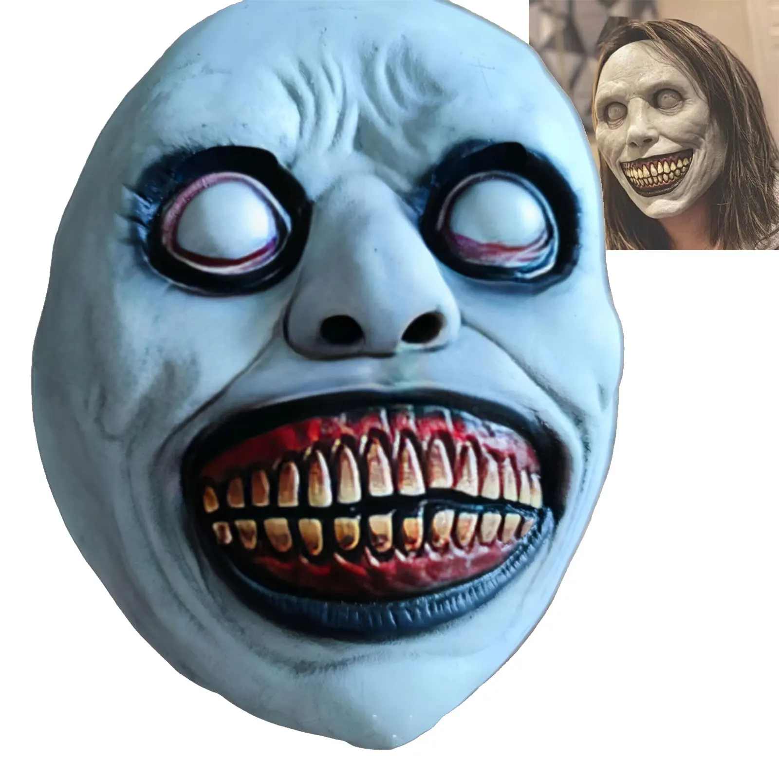 Horror Latex Mask Scary Smiles Demons Creepy Mask for Adult Kids Halloween Cosplay Costumes Carnival Party Props White Eye Masks
