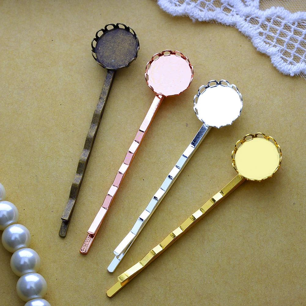 

10pcs Fit 12mm Cabochon Base Hairpin Settings Antique Silver Bronze Rose Gold Plated Round Cameo Clips Blank Tray Lace