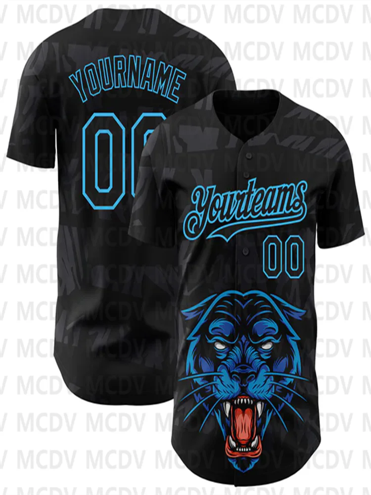 

Custom Black Sky Blue 3D Pattern Design Animal Panther Authentic Baseball Jersey