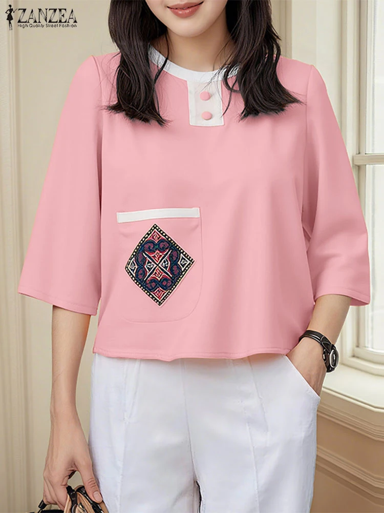 

ZANZEA Stylish Tops Women Vintage Print Pocket Casual Blouse 2025 Fashion Autumn 3/4 Sleeve Elegant Korean Office Lady Shirts