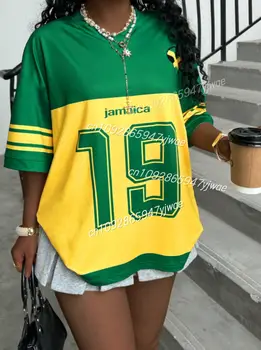 牙買加國旗印花19號女條紋V領T卹,夏季寬鬆原宿風短袖街頭風上衣 8 最佳銷售 牙買加服裝 - №3