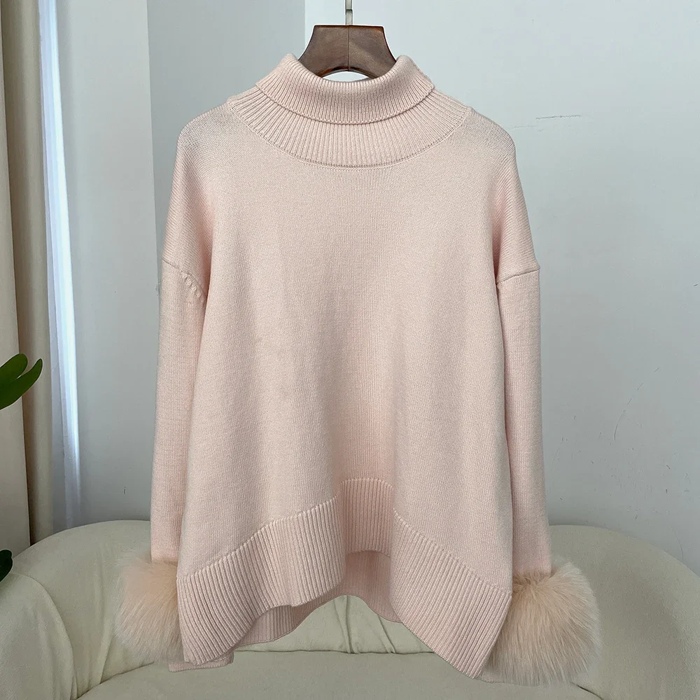 Sweater Women 2024 Autumn Winter Fashionable Sweaters with Real Fox Fur Sleeves Slim Fit Sweaters Fur Knitwear England Style