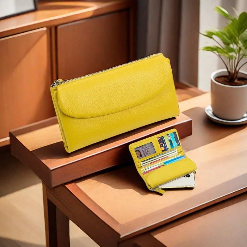 Solid Colour Long Genuine Cowhide Long Wallet Functional Clutch Wallet Coin Wallet Money Clip