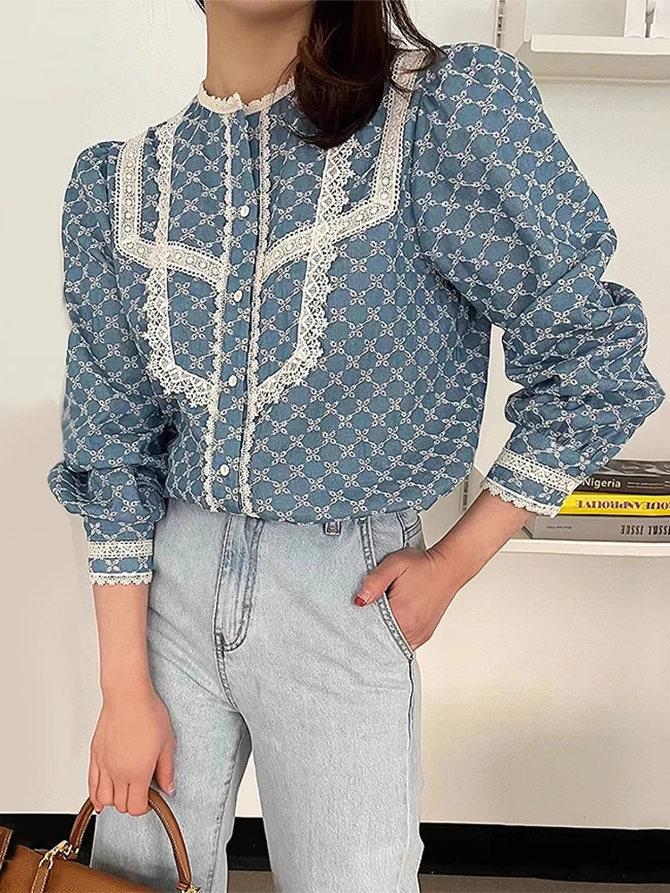 Korean Fashion Blouses Lace Patchwork Print Single Breasted Puff Sleeve Shirts Vintage Elegant Spring Autumn Women Clothing 2024