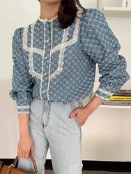 Korean Fashion Blouses Lace Patchwork Print Single Breasted Puff Sleeve Shirts Vintage Elegant Spring Autumn Women Clothing 2024