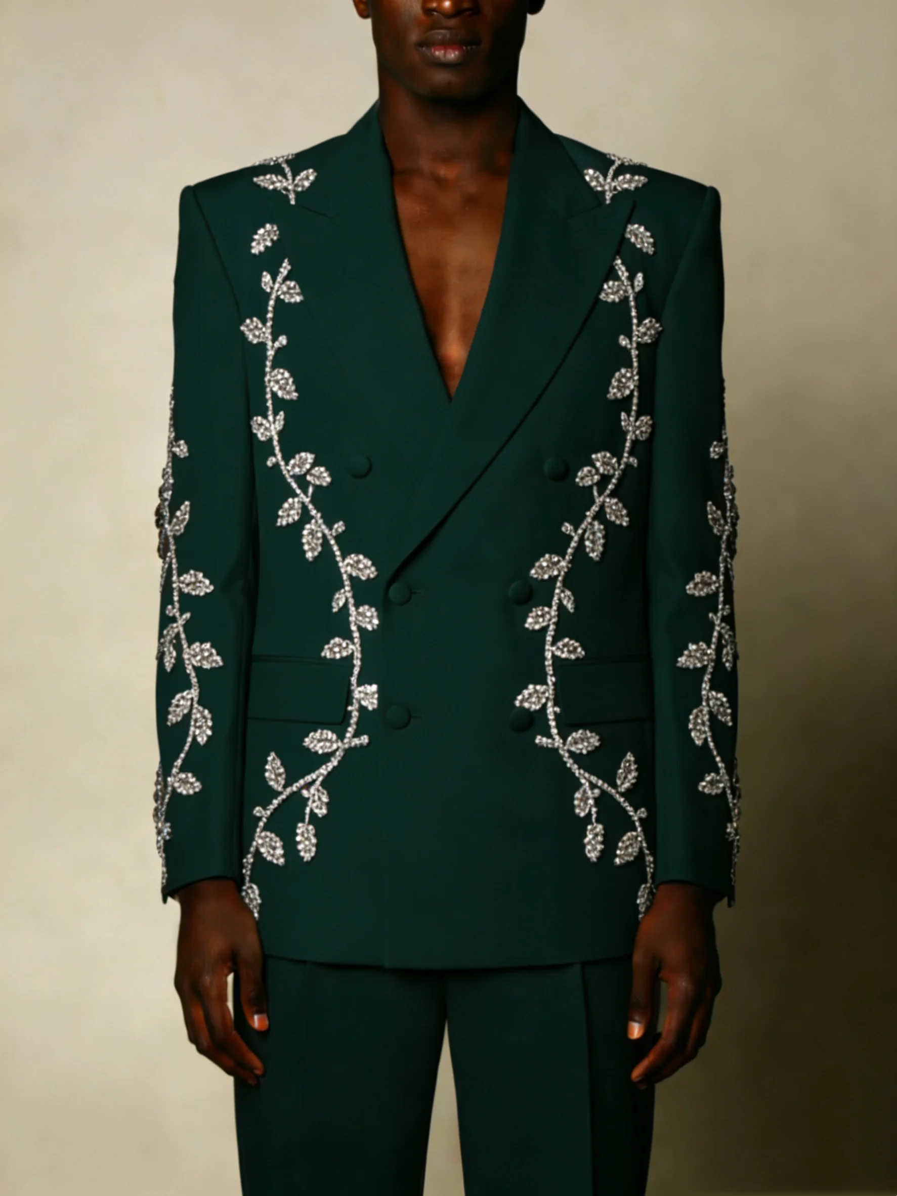 

Green Spring Men Suits Pants Set 2 Pcs Blazer+Trousers Crystals Groom Wedding Tuxedos Jacket Formal Office Business Coat Outfit