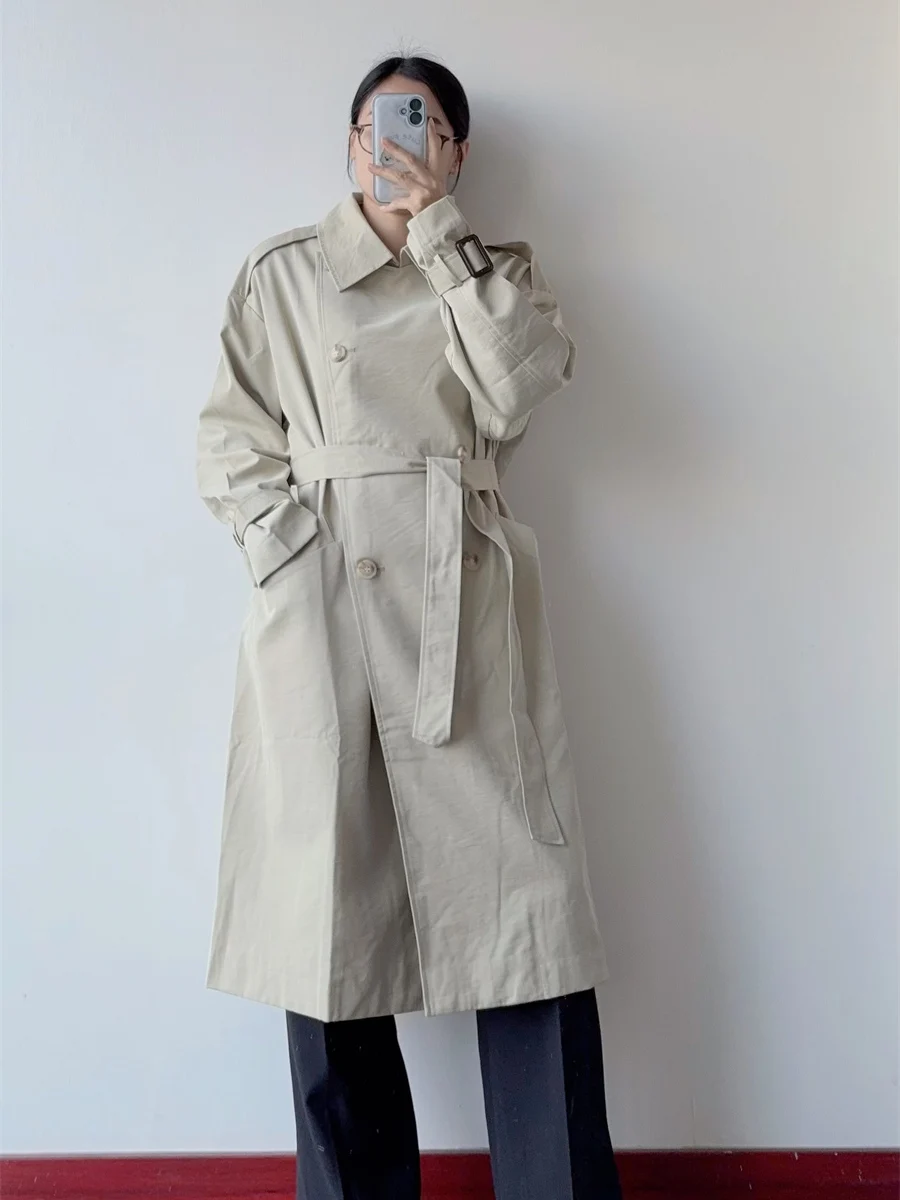 

Весна 2026: Элегантное женское длинное пальто оверсайз в британском стиле с двубортными пуговицами и длинными рукавами, повседневная верхняя одежда