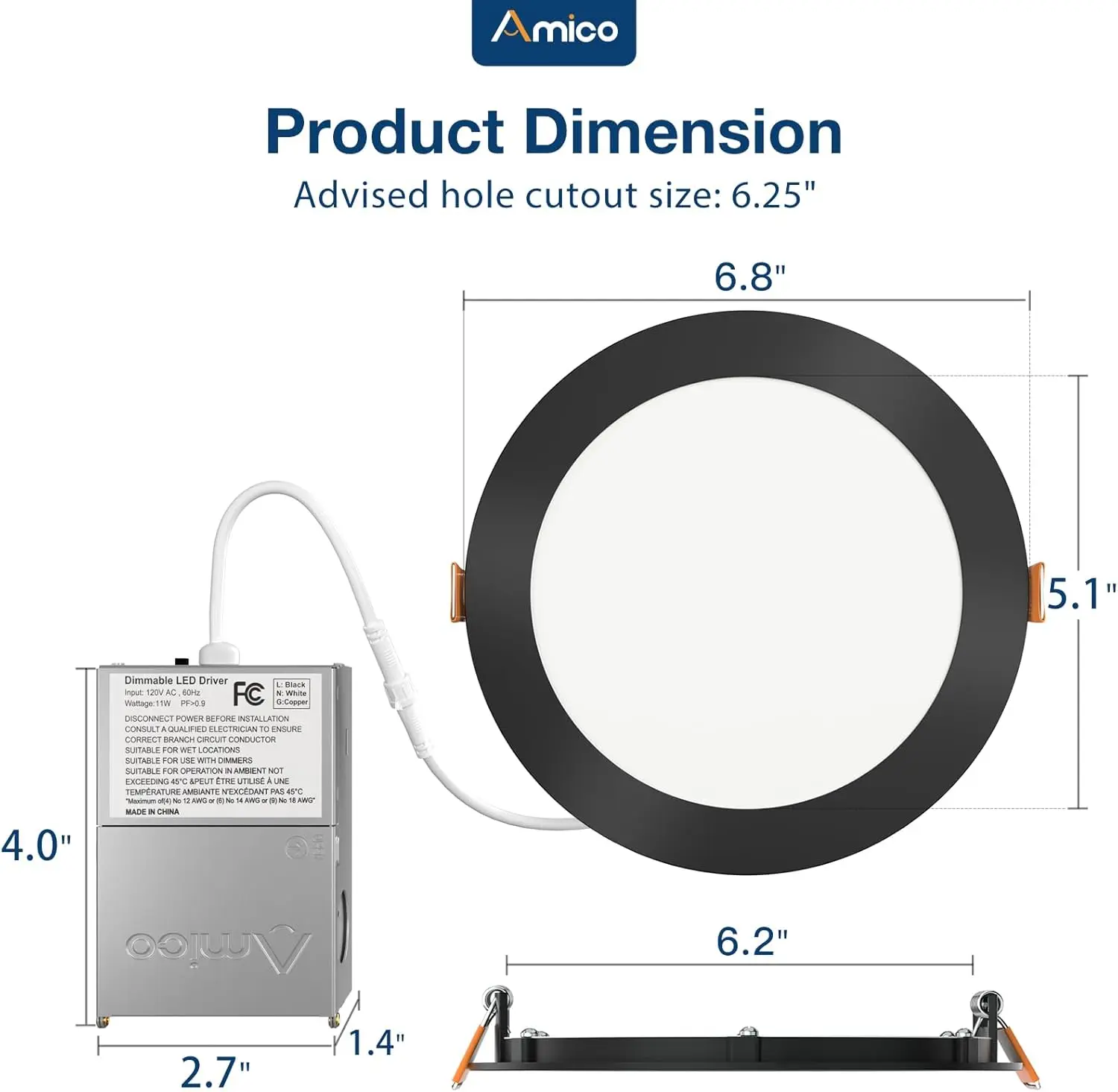 Amico-Ultra-Thin LED recesso luz de teto com caixa de junção, luz selecionável, 6 ", 5Cct, 2700K, 3000K, 3500K, 4000K, 5000K, 12W, pacote 6