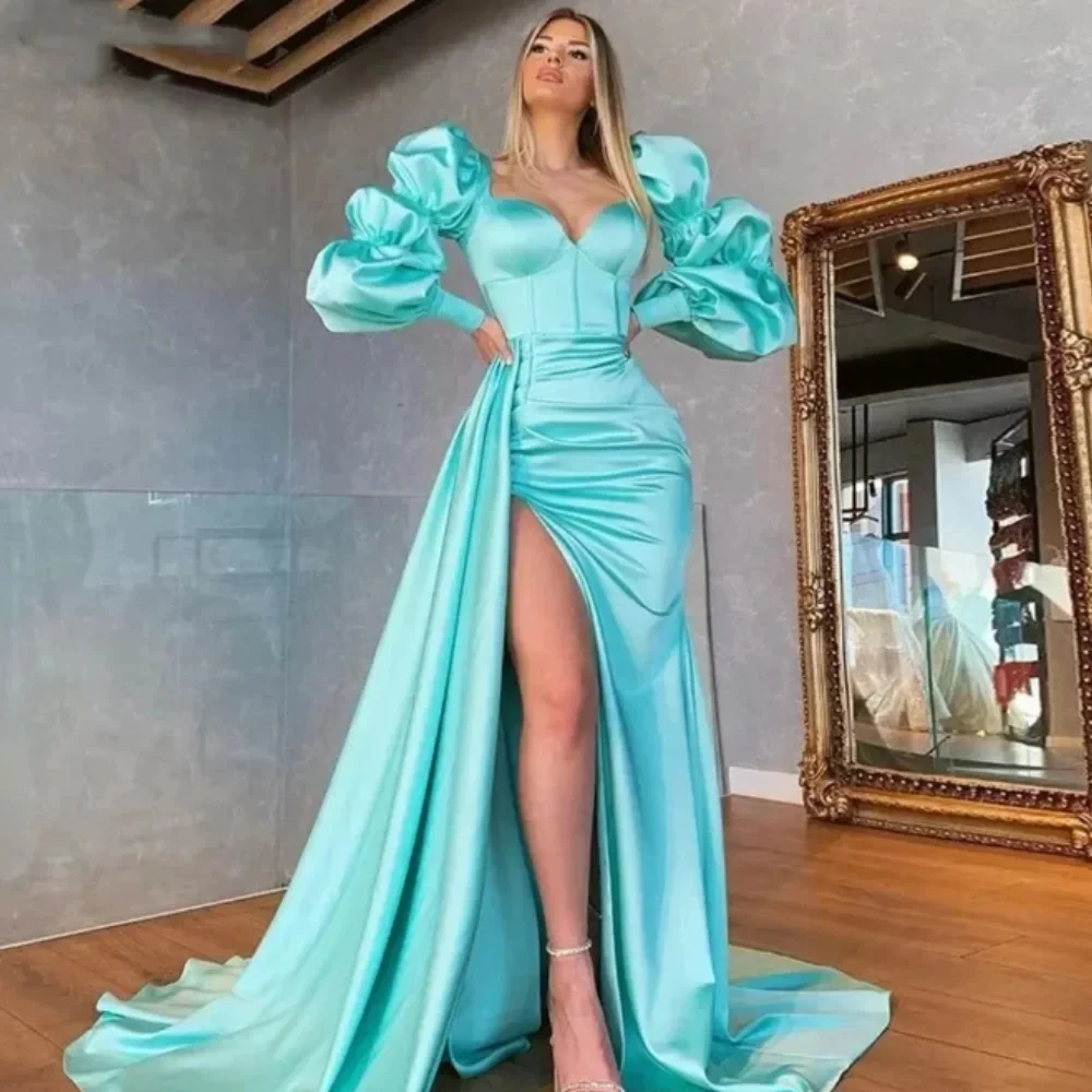 

Romantic Light Green Satin Sweetheart Split Evening Dresses Saudi Arabic Mermaid Puffy Long Sleeves Party Prom Gowns For Women