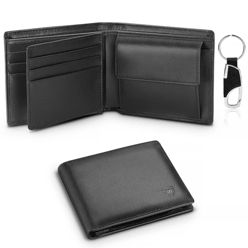 Cartera de cuero genuino para hombre, monedero suave negro clásico, tarjetero con bolsillo para monedas