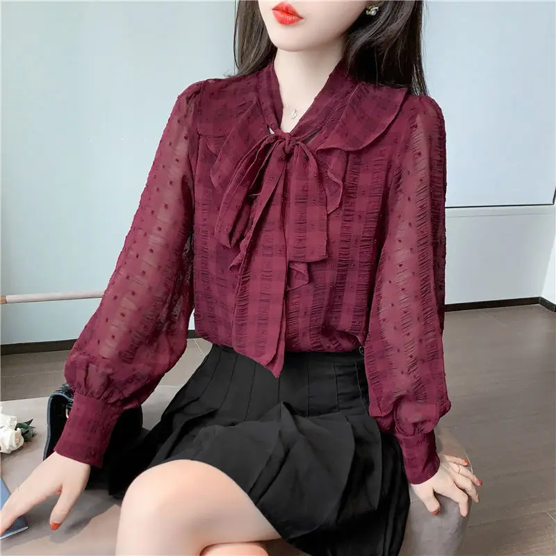 Elegant V-Neck Lantern Sleeve Spliced Ruffles โบว์เสื้อชีฟองเดินทางเสื้อฤดูร้อนฤดูใบไม้ร่วงหวานผู้หญิงเสื้อผ้าเสื้อ