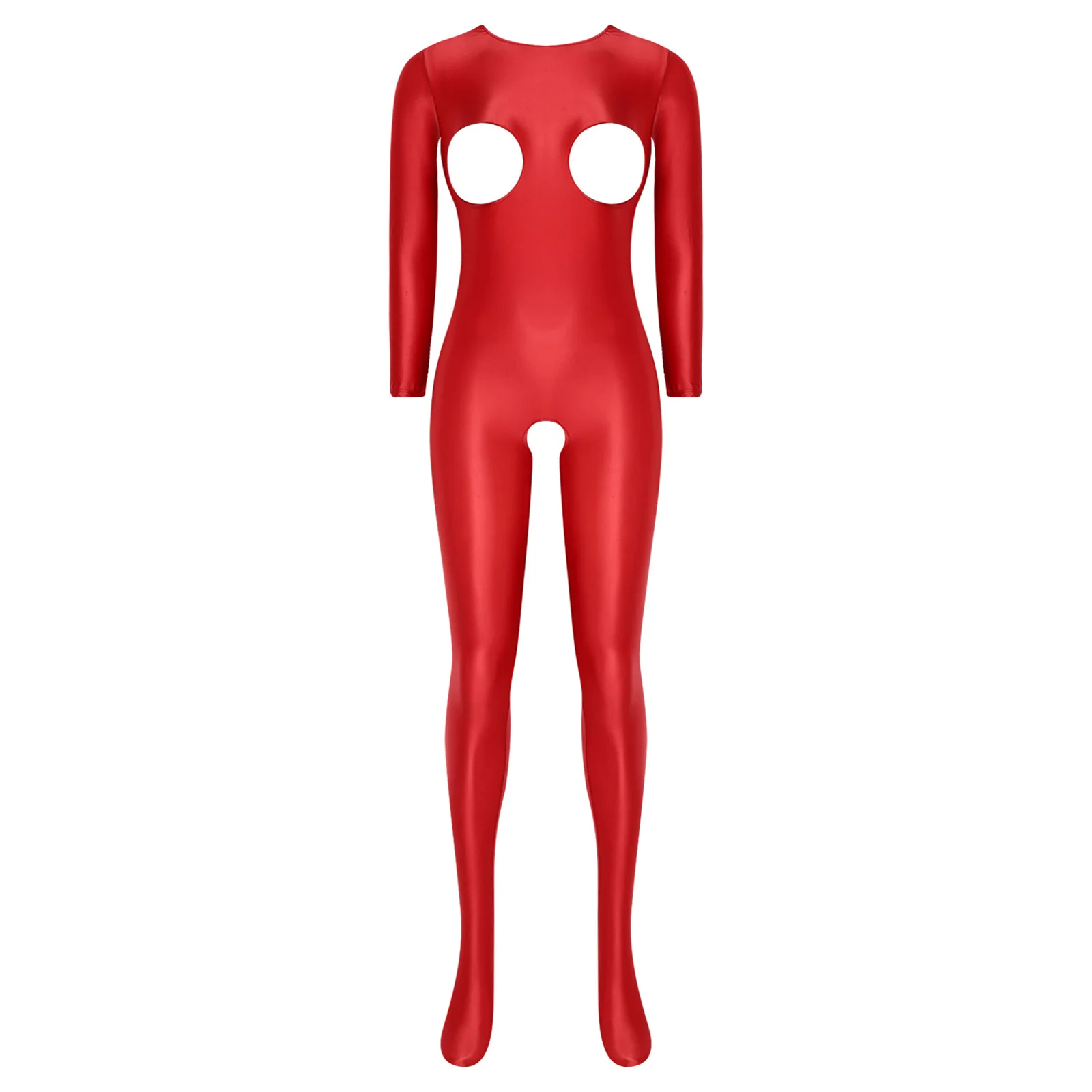 

Womens Lingerie Footed Sexy Tights Bodysuit Glossy Stretchy Unitard Nightwear Cutout Open Cup Open Crotch Long Sleeve Jumpsuit